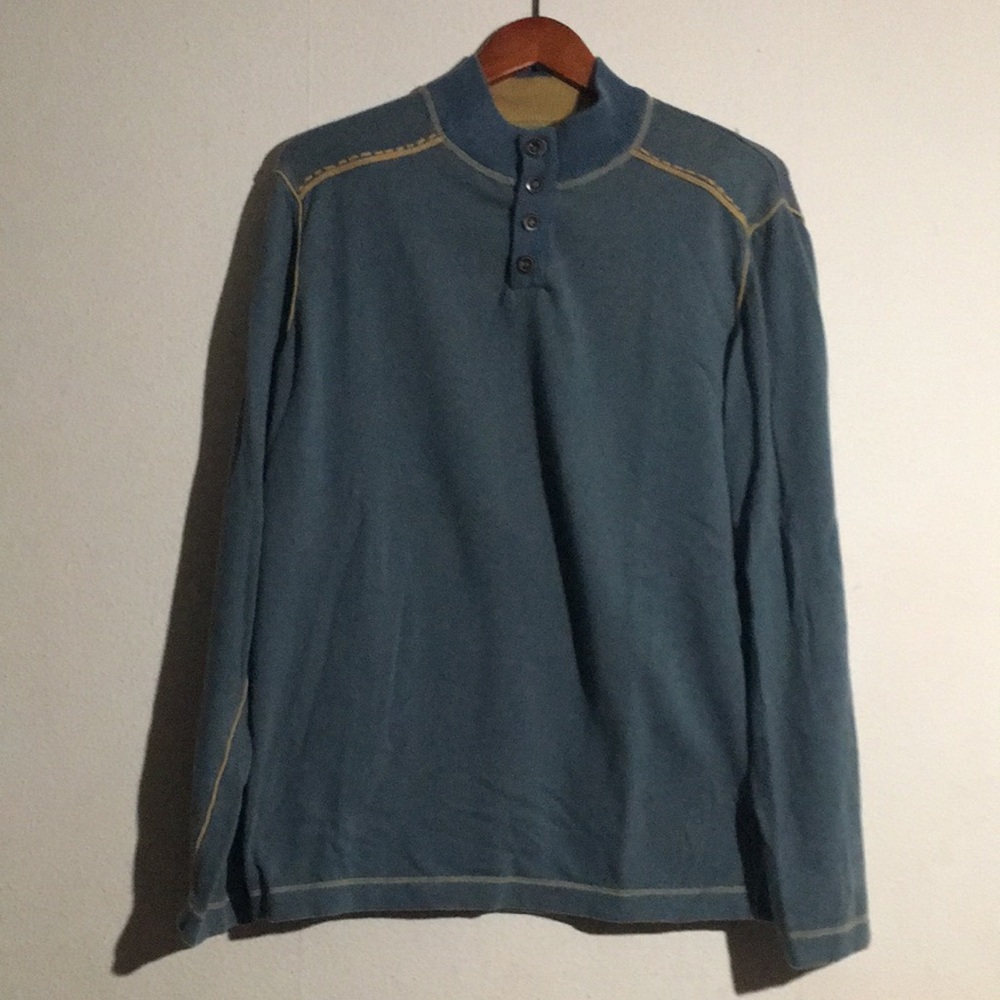 ECOTHS Men's Blue Sweater with Tan Threaded Details: Size XL